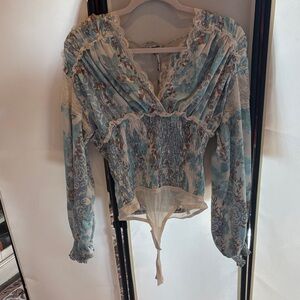 Free People Blue Floral Lace-Trim Smocked Bodice Blouse